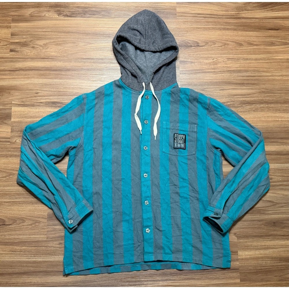 VTG Stussy International Hooded Button Down Flannel Shirt Teal Grey Striped Sz L